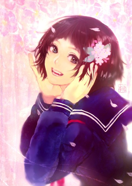 Anime picture 1280x1806 with original haru (yukinome) single tall image blush fringe short hair open mouth smile brown hair purple eyes signed looking away upper body hair flower lipstick pink background girl uniform flower (flowers)