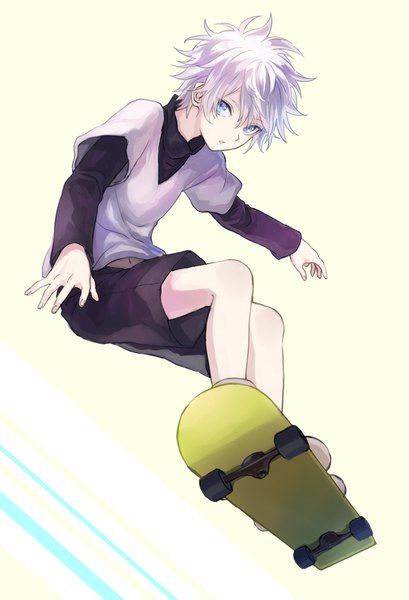 Anime picture 720x1056 with hunter x hunter killua zaoldyeck dm owr single tall image looking at viewer fringe short hair blue eyes simple background hair between eyes standing white background full body bent knee (knees) white hair parted lips leaning leaning forward boy