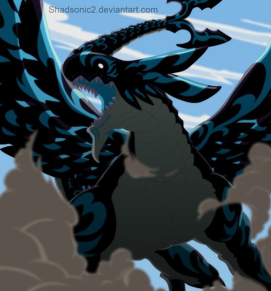 Anime picture 1115x1200 with fairy tail acnologia shadsonic2 single tall image open mouth sky cloud (clouds) tail horn (horns) teeth coloring smoke sharp teeth demon blank eyes animal wings dragon