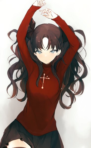 Anime picture 651x1059 with fate (series) fate/stay night toosaka rin lpip single long hair tall image looking at viewer blue eyes black hair simple background arms up two side up girl skirt miniskirt black skirt turtleneck