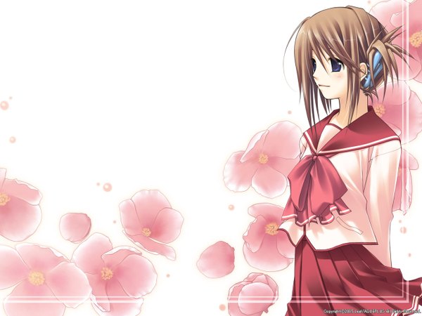 Anime picture 1280x960 with to heart 2 leaf (studio) komaki manaka blush looking away pleated skirt floral background skirt flower (flowers) petals serafuku