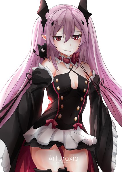 Anime picture 2480x3508 with owari no seraph wit studio kururu tepes arturaxia single long hair tall image looking at viewer blush fringe highres light erotic simple background hair between eyes red eyes white background signed pink hair long sleeves pointy ears