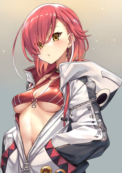Anime picture 992x1403 with original ks single tall image looking at viewer blush fringe short hair breasts light erotic simple background standing yellow eyes upper body red hair hair over one eye gradient background underboob gradient hair hands in pockets