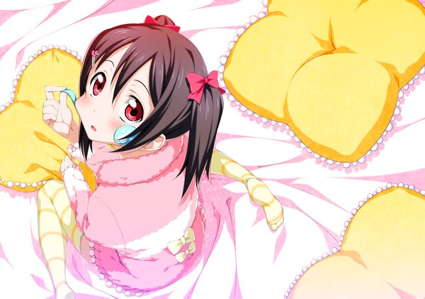 Anime picture 1254x886 with love live! school idol project sunrise (studio) love live! yazawa nico 2c=galore single long hair looking at viewer blush open mouth black hair red eyes girl thighhighs bow hair bow pillow striped thighhighs