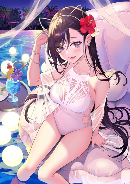 Anime picture 1768x2500 with original okuma mai single long hair tall image looking at viewer blush fringe highres breasts open mouth light erotic hair between eyes brown hair brown eyes animal ears nail polish arm up hair flower night