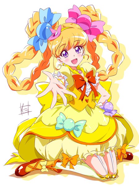 Anime picture 1536x2046 with precure mahou girls precure! toei animation asahina mirai cure miracle cure miracle (topaz style) nii manabu single long hair tall image looking at viewer blush open mouth simple background blonde hair white background purple eyes signed full body braid (braids)