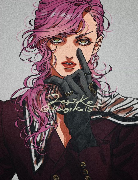 Anime picture 1000x1300 with jojo no kimyou na bouken vinegar doppio hagiko single long hair tall image looking at viewer simple background brown eyes purple hair upper body grey background lipstick portrait red lipstick freckles fashion boy gloves black gloves