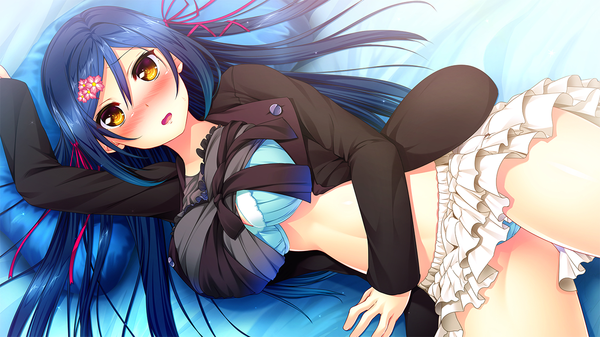 Anime picture 1280x720 with ren'ai phase kagami suzuha nironiro usume shirou single long hair looking at viewer blush fringe breasts open mouth light erotic wide image yellow eyes blue hair game cg lying hair flower midriff on back