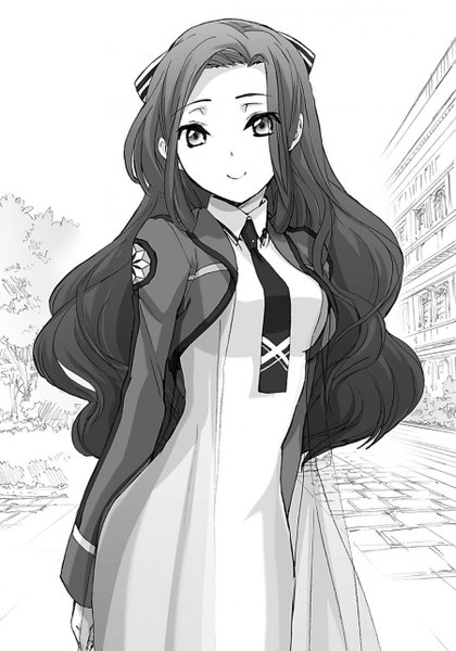 Anime picture 900x1285 with mahouka koukou no rettousei saegusa mayumi single long hair tall image looking at viewer breasts simple background smile standing white background ass official art outstretched arm monochrome wavy hair landscape girl dress uniform