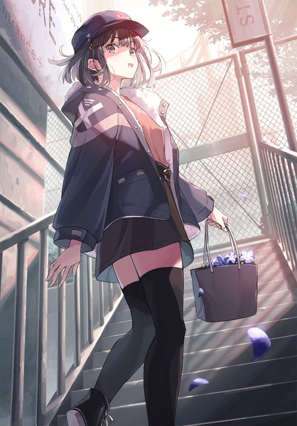 Anime picture 1114x1600 with original koh rd single tall image looking at viewer blush fringe short hair open mouth black hair smile standing holding brown eyes outdoors long sleeves :d looking back open jacket from below
