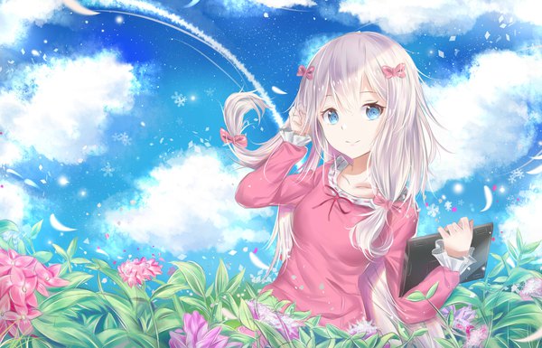 Anime picture 4200x2700 with eromanga sensei a-1 pictures izumi sagiri fhilippedu single long hair looking at viewer fringe highres breasts blue eyes smile hair between eyes standing twintails holding payot absurdres sky silver hair