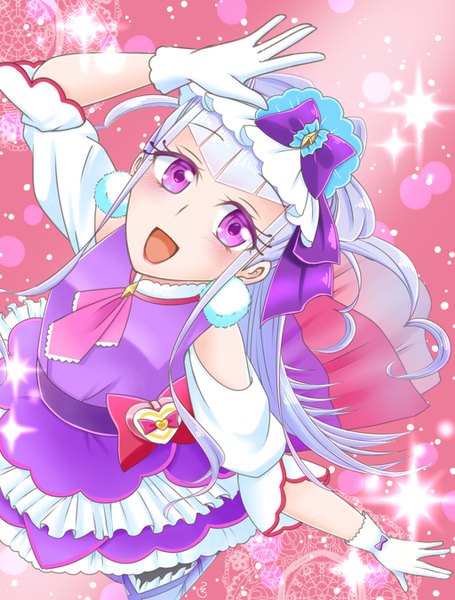 Anime picture 1024x1350 with precure hugtto! precure toei animation ruru amour cure amour kou1poo single long hair tall image looking at viewer blush fringe open mouth simple background smile purple eyes payot silver hair :d arm up