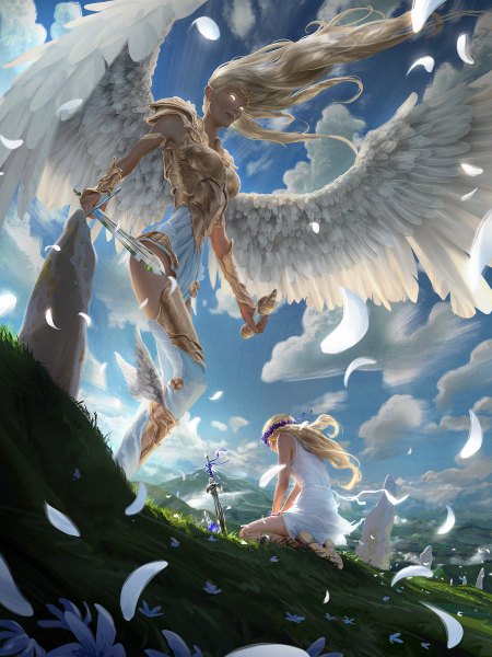 Anime picture 900x1200 with original johannes voss long hair tall image blonde hair standing sitting sky wind from below mountain angel wings blank eyes girl dress flower (flowers) weapon sword wings white dress