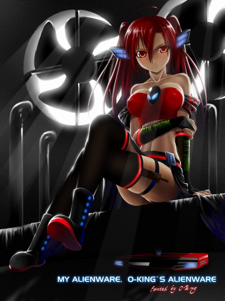 Anime picture 2250x3000 with okingjo single long hair tall image looking at viewer highres smile red eyes sitting twintails bare shoulders ahoge red hair midriff crossed legs girl thighhighs gloves navel black thighhighs