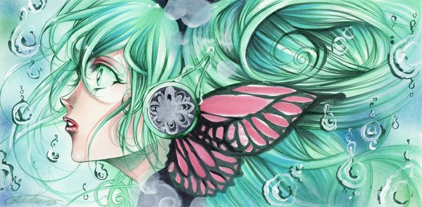 Anime picture 1017x500 with vocaloid magnet (vocaloid) hatsune miku giname (artist) single long hair wide image green eyes profile aqua eyes green hair aqua hair lipstick rain face insect wings butterfly wings girl water headphones