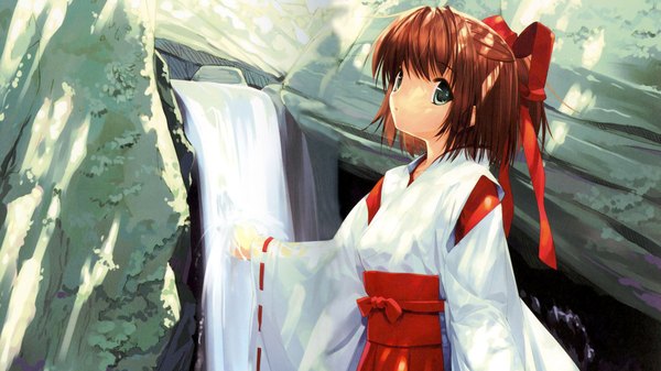 Anime picture 1920x1080 with miko mai misaka natsuki ueda ryou single looking at viewer highres short hair brown hair wide image traditional clothes parted lips japanese clothes wide sleeves grey eyes wallpaper miko rock waterfall cropped girl