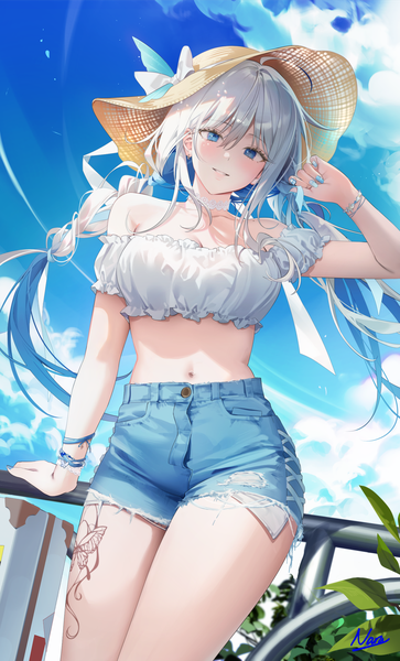 Anime-Bild 1500x2476 mit original naru single long hair tall image looking at viewer blush fringe blue eyes hair between eyes standing bare shoulders sky silver hair cloud (clouds) outdoors nail polish parted lips multicolored hair arm up