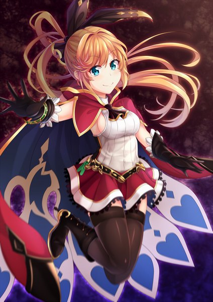 Anime picture 1200x1697 with granblue fantasy clarisse (granblue fantasy) chrisandita single long hair tall image looking at viewer fringe breasts blue eyes blonde hair smile ponytail blurry jumping girl thighhighs dress gloves black thighhighs