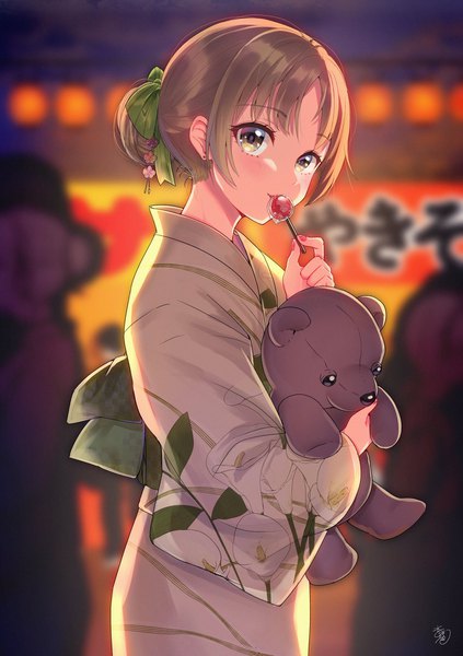 Anime picture 1443x2048 with virtual youtuber nijisanji sister cleaire mizuiro 32 single tall image short hair brown hair brown eyes outdoors traditional clothes japanese clothes blurry hair bun (hair buns) alternate hairstyle hair up festival girl bow hair bow