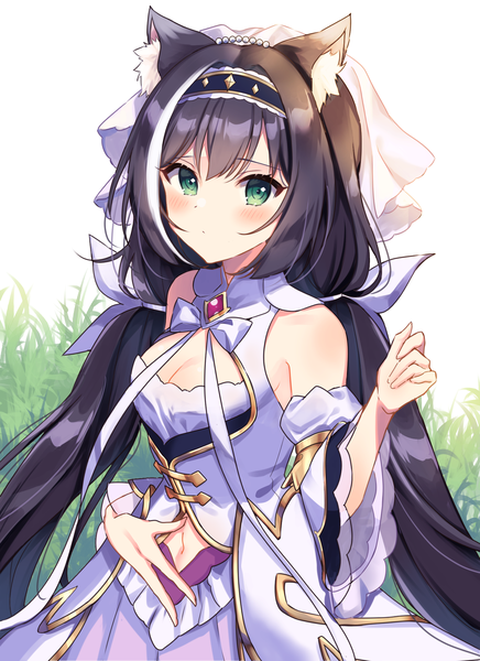 Anime picture 1600x2200 with princess connect! re:dive princess connect! karyl (princess connect!) miyakoto single long hair tall image looking at viewer blush fringe breasts black hair standing twintails green eyes animal ears outdoors multicolored hair arm up sunlight