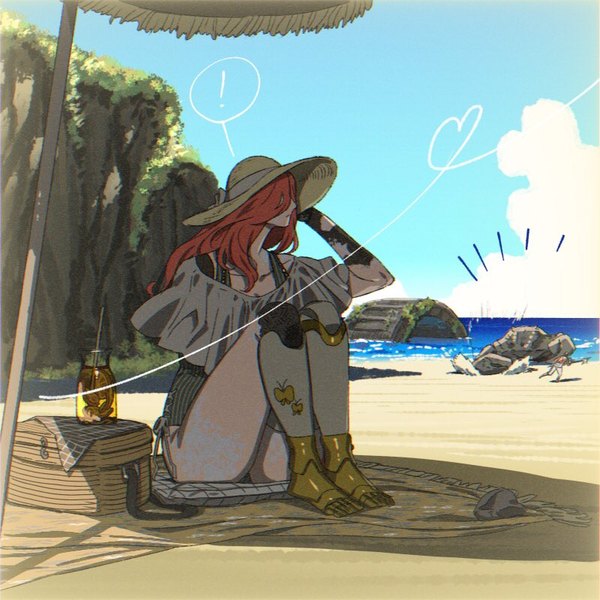 Anime-Bild 800x800 mit elden ring malenia blade of miquella nayaman long hair light erotic sitting sky cloud (clouds) full body red hair arm up beach solo focus heart of string ! girl hat heart speech bubble straw hat