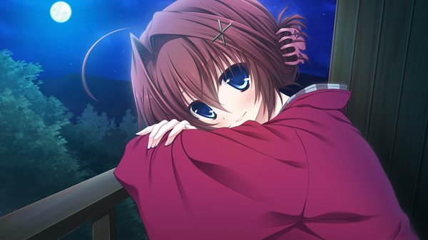 Anime picture 1280x720 with otome wa karen ni koi ni mai! enomoto minagi suien single looking at viewer blush short hair blue eyes brown hair wide image game cg ahoge night girl hair ornament hairclip moon x hair ornament