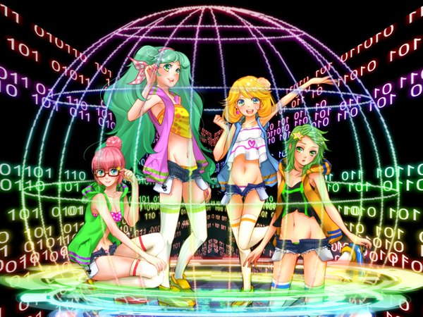 Anime picture 1417x1063 with vocaloid hatsune miku megurine luka kagamine rin gumi masami chie long hair looking at viewer blush fringe short hair open mouth light erotic blonde hair smile standing sitting twintails multiple girls green eyes
