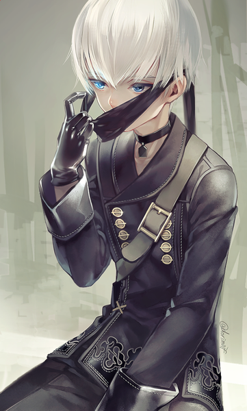 Anime picture 596x988 with nier nier:automata yorha no. 9 type s miyuki ruria single tall image fringe short hair blue eyes simple background hair between eyes sitting holding signed looking away silver hair grey background twitter username double buttons boy