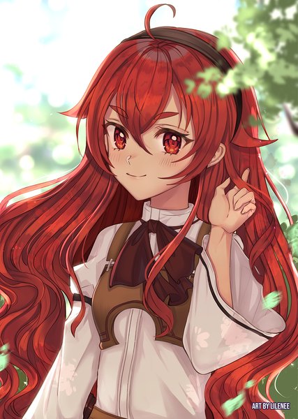 Anime picture 1000x1405 with mushoku tensei studio bind eris boreas greyrat lilinee single long hair tall image looking at viewer blush fringe smile hair between eyes red eyes standing signed payot upper body ahoge outdoors red hair