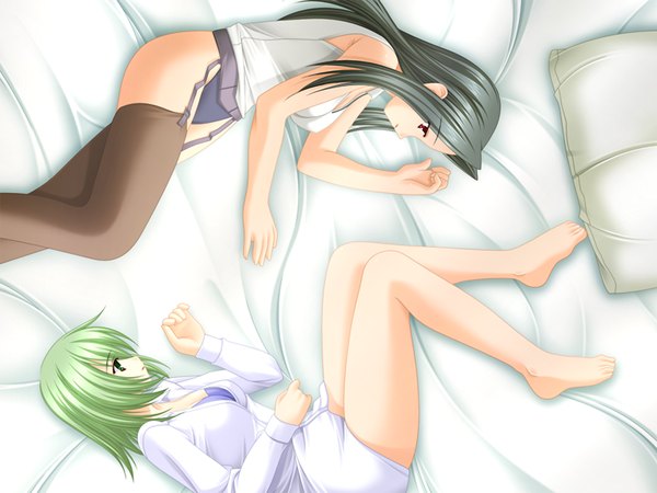 Anime picture 1200x900 with hidamari no hana (game) light erotic black hair red eyes multiple girls green eyes game cg green hair girl thighhighs 2 girls pillow