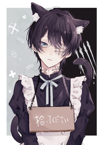 Anime picture 2122x2976 with original 86+ single tall image looking at viewer highres short hair blue eyes black hair animal ears upper body tail animal tail cat ears cat tail border bandage over one eye crossdress cat boy boy