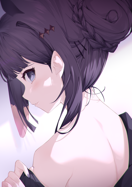 Anime picture 2893x4093 with virtual youtuber hololive hololive english ninomae ina'nis pola (1021) single long hair tall image looking at viewer highres blue eyes light erotic simple background white background upper body profile off shoulder hair bun (hair buns) turning head back