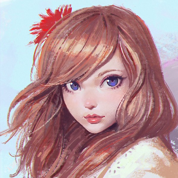 Anime picture 900x900 with ilya kuvshinov single long hair fringe blue eyes brown hair looking away hair flower lips eyeshadow girl hair ornament flower (flowers)