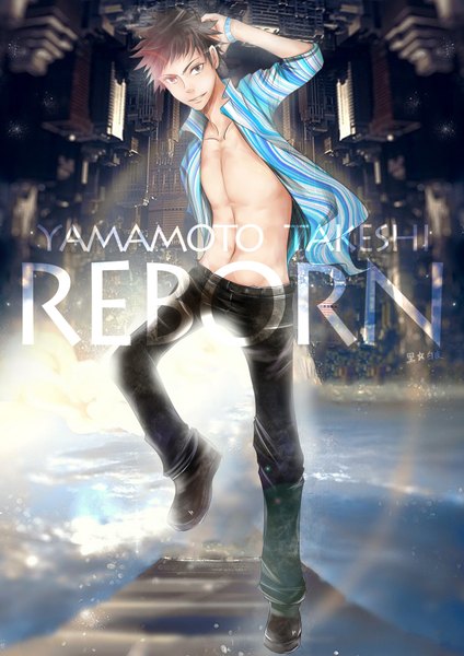 Anime picture 2480x3507 with katekyou hitman reborn yamamoto takeshi tall image highres short hair smile absurdres full body grey hair open clothes open shirt copyright name city boy jeans