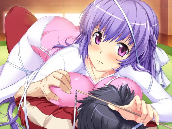 Anime picture 1024x768 with spocon! shinjou yukari marushin (denwa0214) long hair blush purple eyes game cg purple hair girl boy ribbon (ribbons)