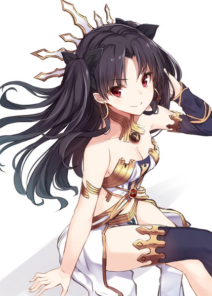 Anime-Bild 1072x1500 mit fate (series) fate/grand order ishtar (fate) takehana note single long hair tall image light erotic black hair simple background smile red eyes white background sitting looking away arm support two side up crossed legs floating hair adjusting hair