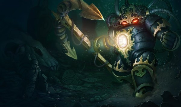 Anime picture 1215x717 with league of legends nautilus (league of legends) red eyes wide image underwater ruins water chain skull anchor