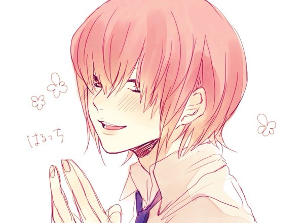 Anime picture 991x730 with daiya no ace production i.g kominato haruichi tsubaki single looking at viewer blush fringe short hair open mouth simple background smile hair between eyes white background pink hair pink eyes portrait boy flower (symbol)