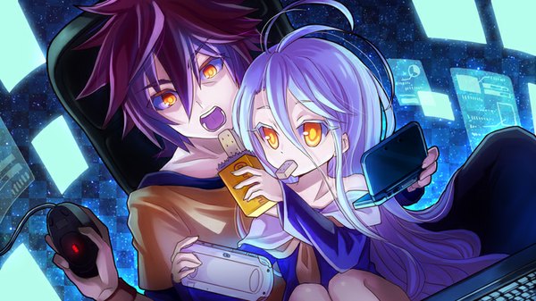 Anime picture 800x450 with no game no life madhouse shiro (no game no life) sora (no game no life) mikan (aquacomet) long hair short hair open mouth hair between eyes brown hair wide image sitting blue hair ahoge orange eyes eating girl boy uniform serafuku