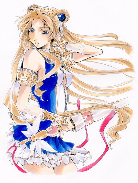Anime picture 1280x1704 with bishoujo senshi sailor moon toei animation tsukino usagi sailor moon ryoko-san18 (artist) single long hair tall image blue eyes simple background blonde hair white background twintails bare shoulders holding cleavage wind alternate costume crescent girl