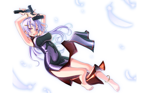 Anime picture 1920x1200 with original sakuya tsuitachi single long hair highres light erotic red eyes wide image white background purple hair full body covered navel covered nipples chinese clothes side slit girl bracelet gun feather (feathers) chinese dress