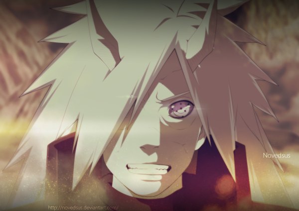 Anime picture 2400x1696 with naruto studio pierrot naruto (series) uchiha madara novedsus single long hair fringe highres smile purple eyes white hair hair over one eye grin coloring portrait close-up sharingan dust rinnegan