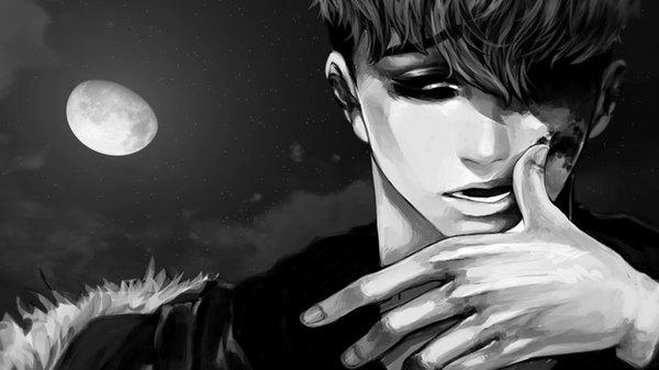 Anime picture 1366x768 with killing stalking oh sangwoo kotkuro single fringe short hair open mouth simple background hair between eyes wide image looking away fingernails lips night night sky black background monochrome eyebrows boy moon