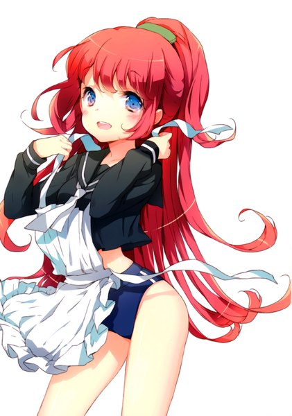 Anime picture 4902x6981 with kono naka ni hitori imouto ga iru! cuteg single long hair tall image blush highres open mouth blue eyes light erotic simple background white background absurdres ponytail red hair scan girl apron