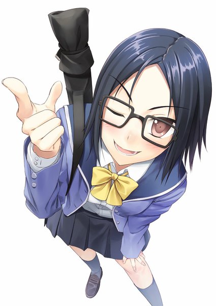 Anime picture 708x1000 with original tenkuu nozora single tall image looking at viewer blush short hair open mouth simple background white background brown eyes blue hair one eye closed wink girl uniform school uniform socks glasses
