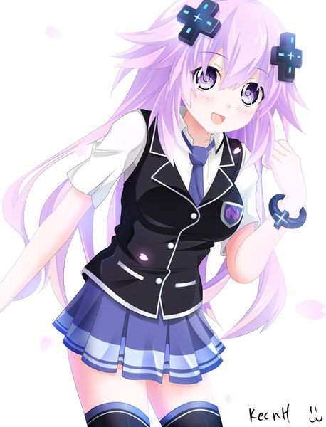 Anime picture 611x800 with choujigen game neptune neptune (choujigen game neptune) keenh single long hair tall image blush fringe breasts open mouth simple background hair between eyes standing white background purple eyes signed looking away purple hair ahoge :d