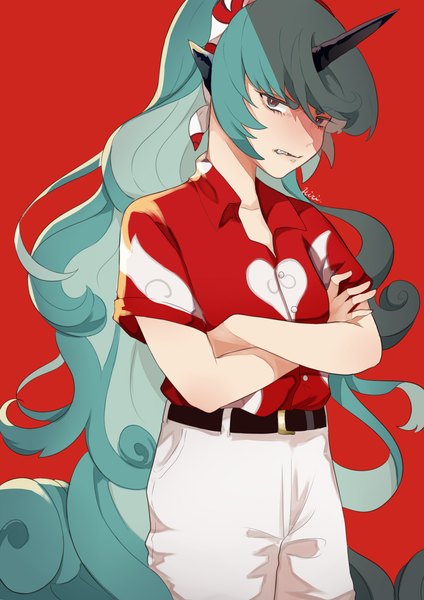 Anime picture 1200x1700 with touhou komano aun uchisaki himari single tall image simple background very long hair horn (horns) aqua eyes aqua hair short sleeves crossed arms red background clenched teeth adapted costume girl belt