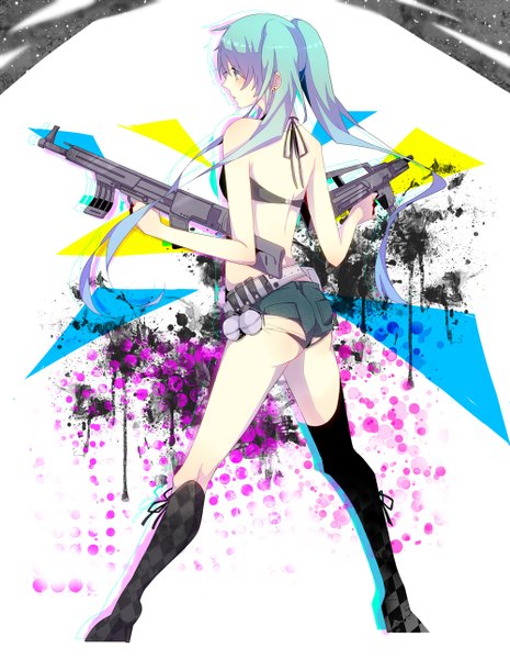 Anime picture 1000x1289 with vocaloid hatsune miku gin parushuki single tall image twintails very long hair aqua eyes aqua hair girl thighhighs weapon shorts assault rifle grenade