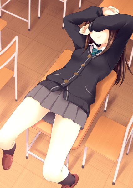 Anime picture 752x1062 with idolmaster idolmaster cinderella girls shibuya rin nagami yuu long hair tall image brown hair girl skirt uniform school uniform socks black socks sweater desk