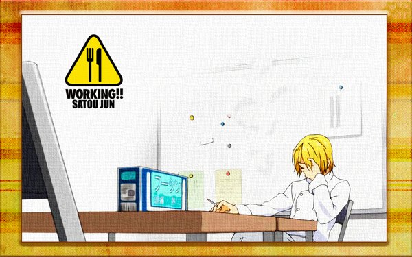 Anime picture 1920x1200 with working!! a-1 pictures satou jun single highres short hair blonde hair wide image sitting border covering covering face boy chair table cigarette sign